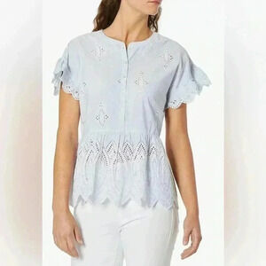 JOlE Women’s Cerelia Scalloped Eyelet Peplum Cotton Top Light Blue Size S